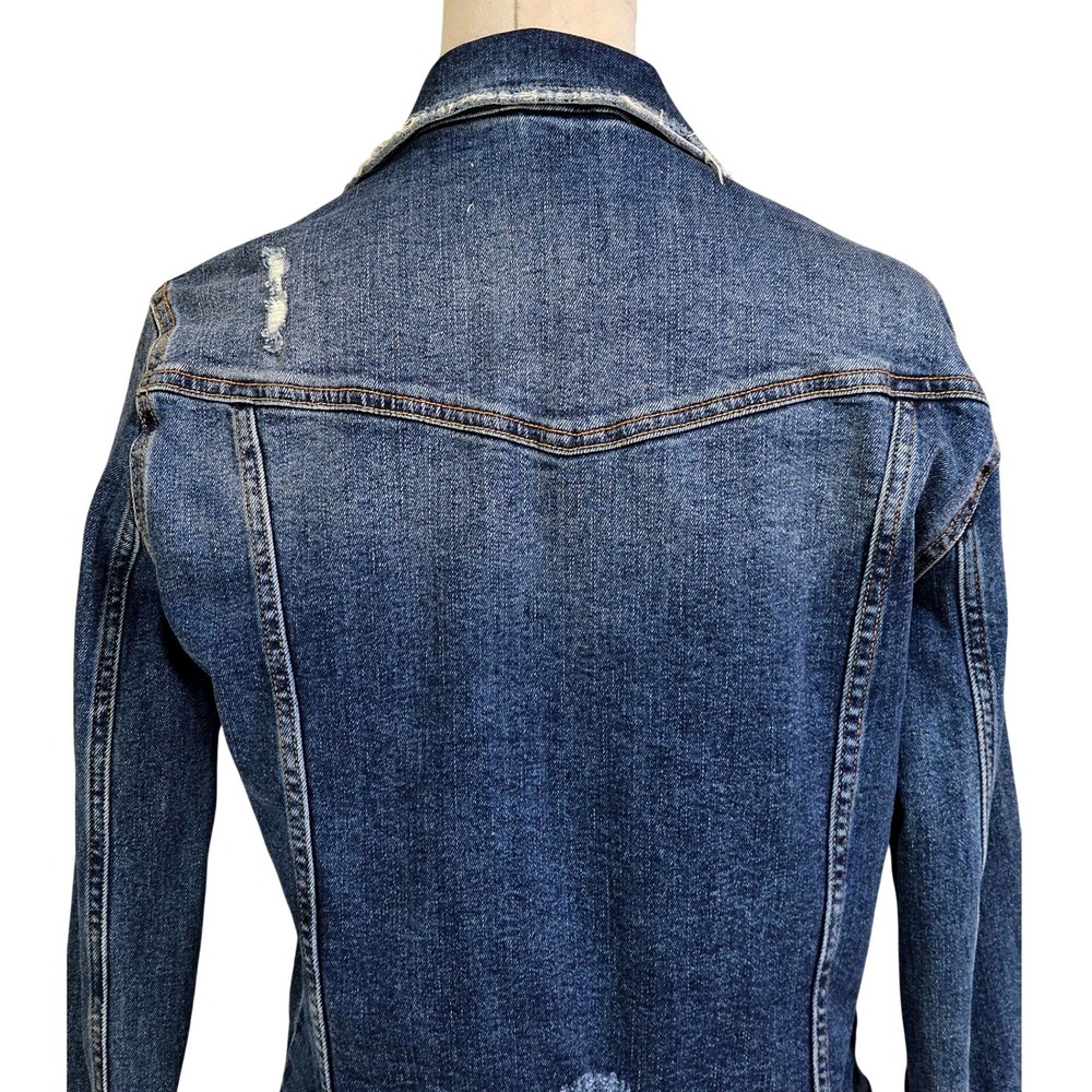 Zara Denim Jacket Womens L BlueDistressed Raw Hem Trucker - Picture 6 of 9